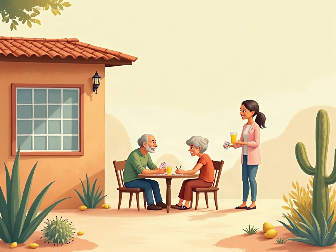 Two residents playing cards on the patio of a small care home while a caregiver brings lemonade