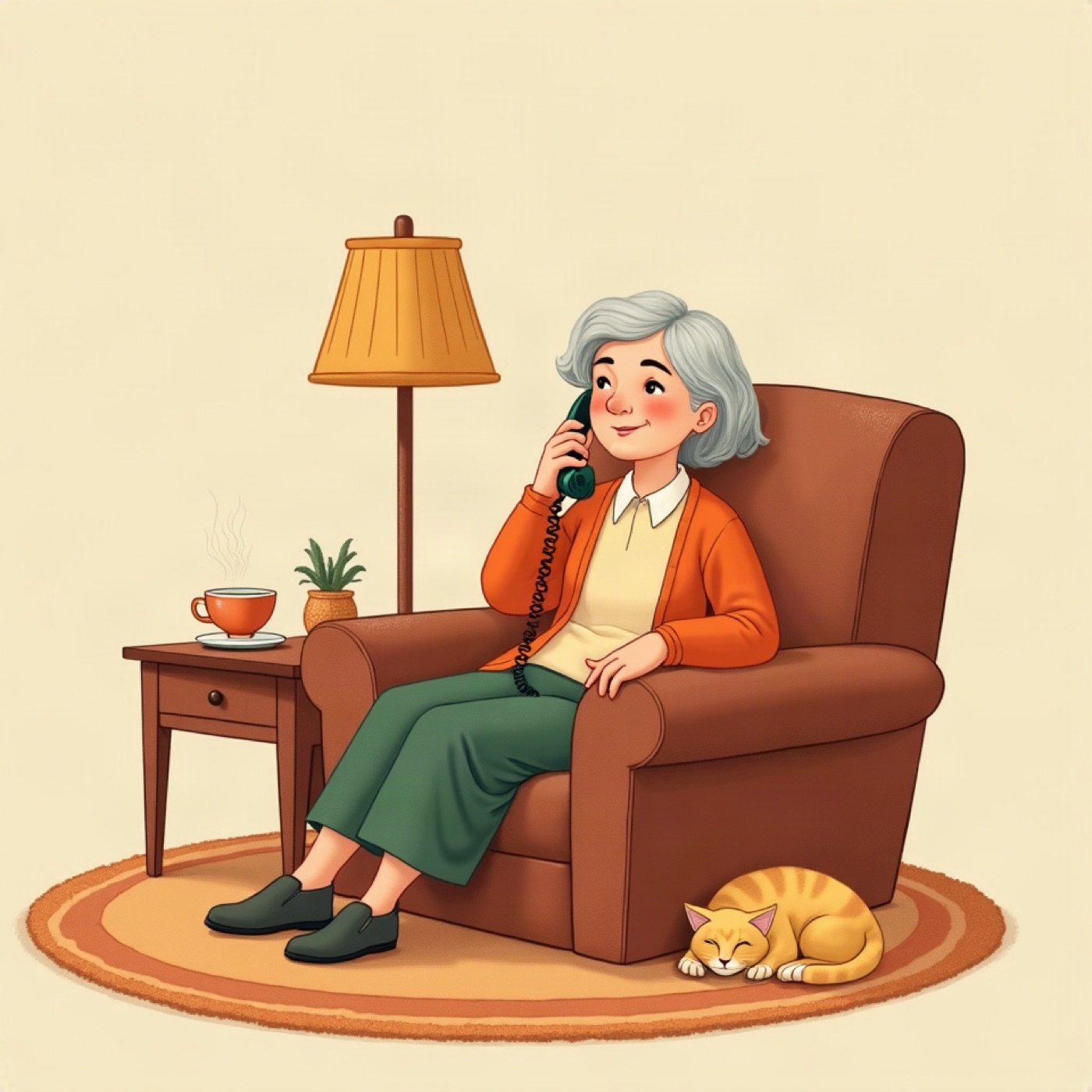 An older woman talking on the phone in a cozy armchair